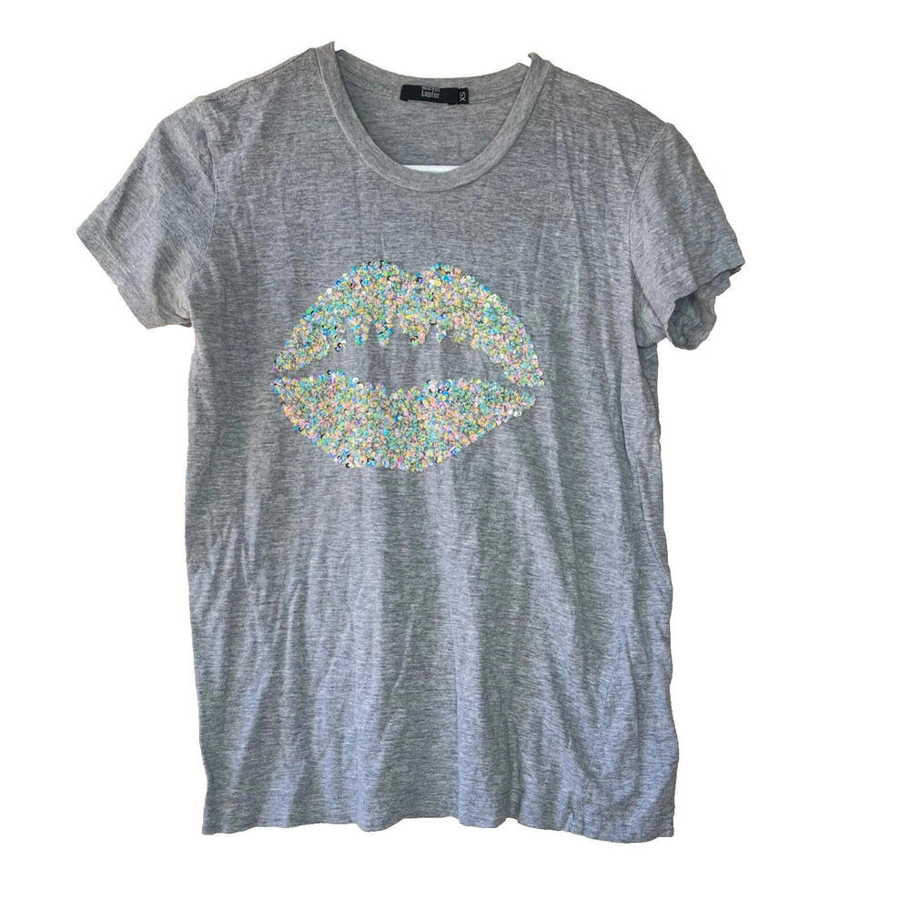 Markus Lupfer Revolve Rainbow Sequin Smacker Lip Tee in Slate Marl Size XS